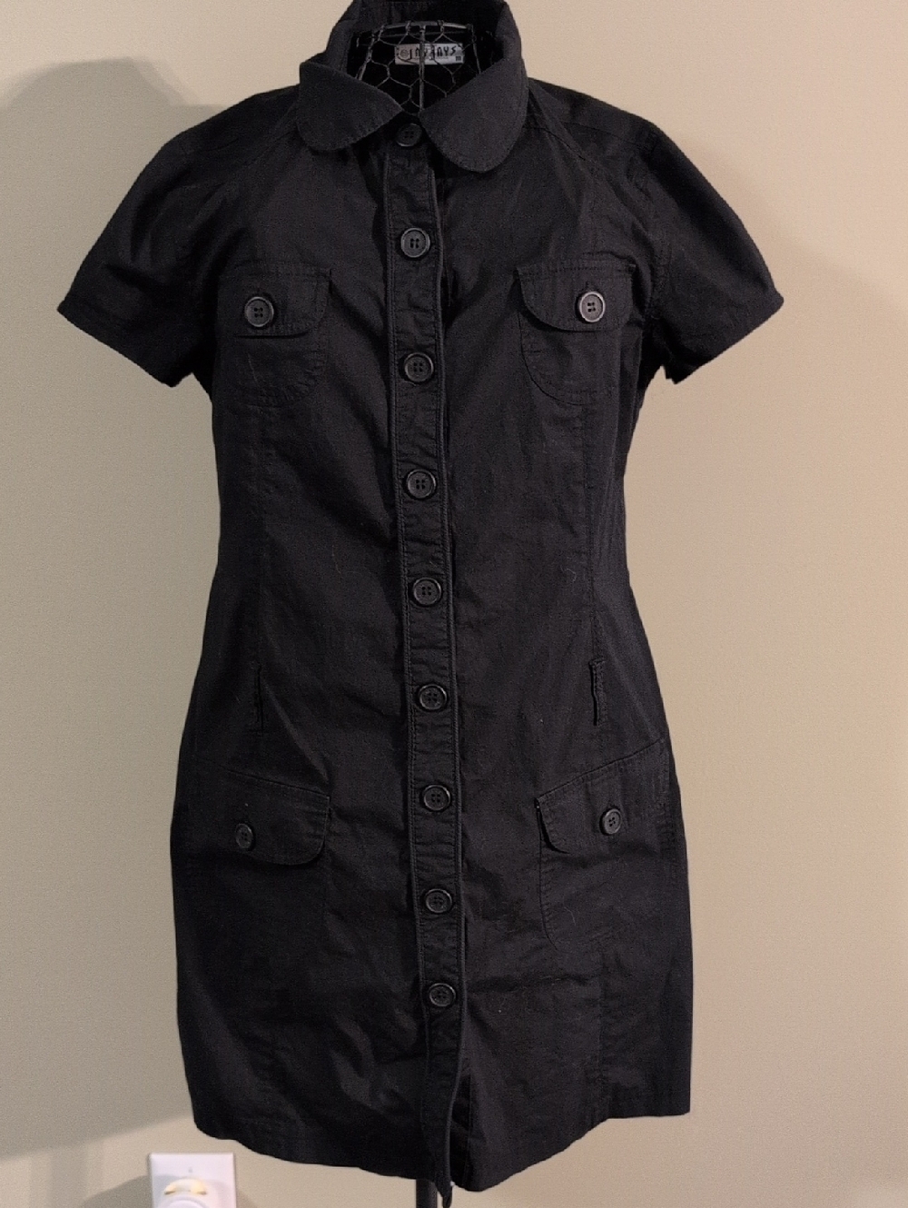 Black Button-Front Short Sleeve Shirt Dress